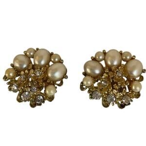 Vintage Gold Tone Faux Pearl Rhinestone Cluster Clip On Earrings Statement